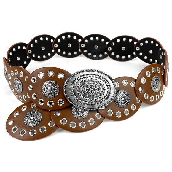 Womens Wide Western Cowboy Disc Belt Vintage Cowgirl Concho Leather Belts 5981 main image 5